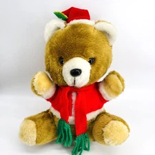 VINTAGE HENCO HOLIDAY CHRISTMAS BROWN TEDDY BEAR SANTA HAT SCARF STUFFED PLUSH