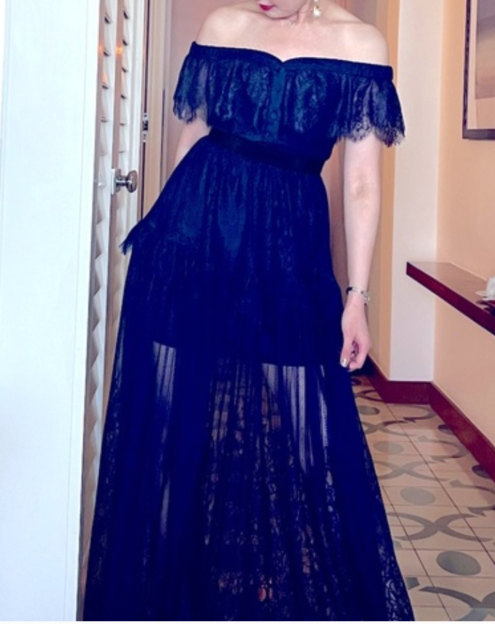 Self-Portrait Back Zip Off Shoulder Lace Overlay Long Dress