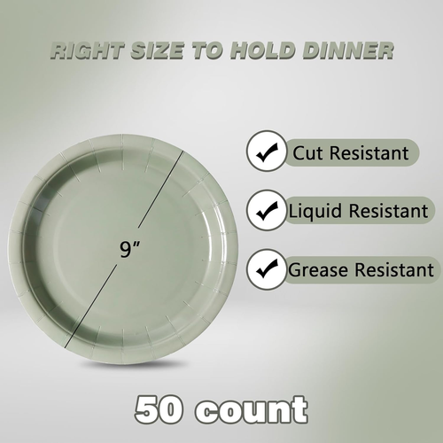 Disposable Paper Plates Sage Green, 50 Count 9” Dinner Plates Bulk for Party Sup - Picture 2 of 12