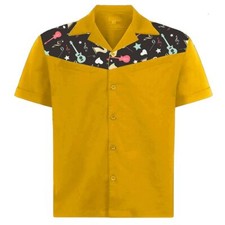 Men Cotton Shirt Retro Rockabilly Vintage Bowling Shirts Short Sleeves Shirt