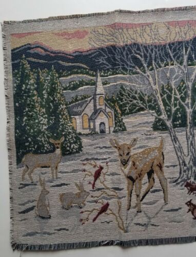 Vtg Christmas fabric tapestry pillow cover block Wildlife Church Deer 19" Tree - Picture 4 of 6
