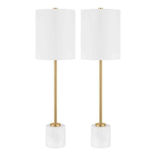 Pearson 32 in. Plated Gold and White Marble Table Lamp with White Fabric Shade (