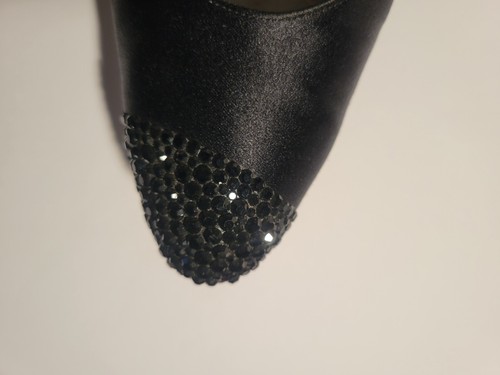 Vtg BRUNO MAGLI Black Satin Slingback Evening Shoes Sz7AA, 3.5"H Rhinestone Toes - Picture 21 of 22