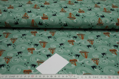 NEU Baumwolljersey 0,25 x 1,50 Maritim Anker Wellen Schiffe auf weiß