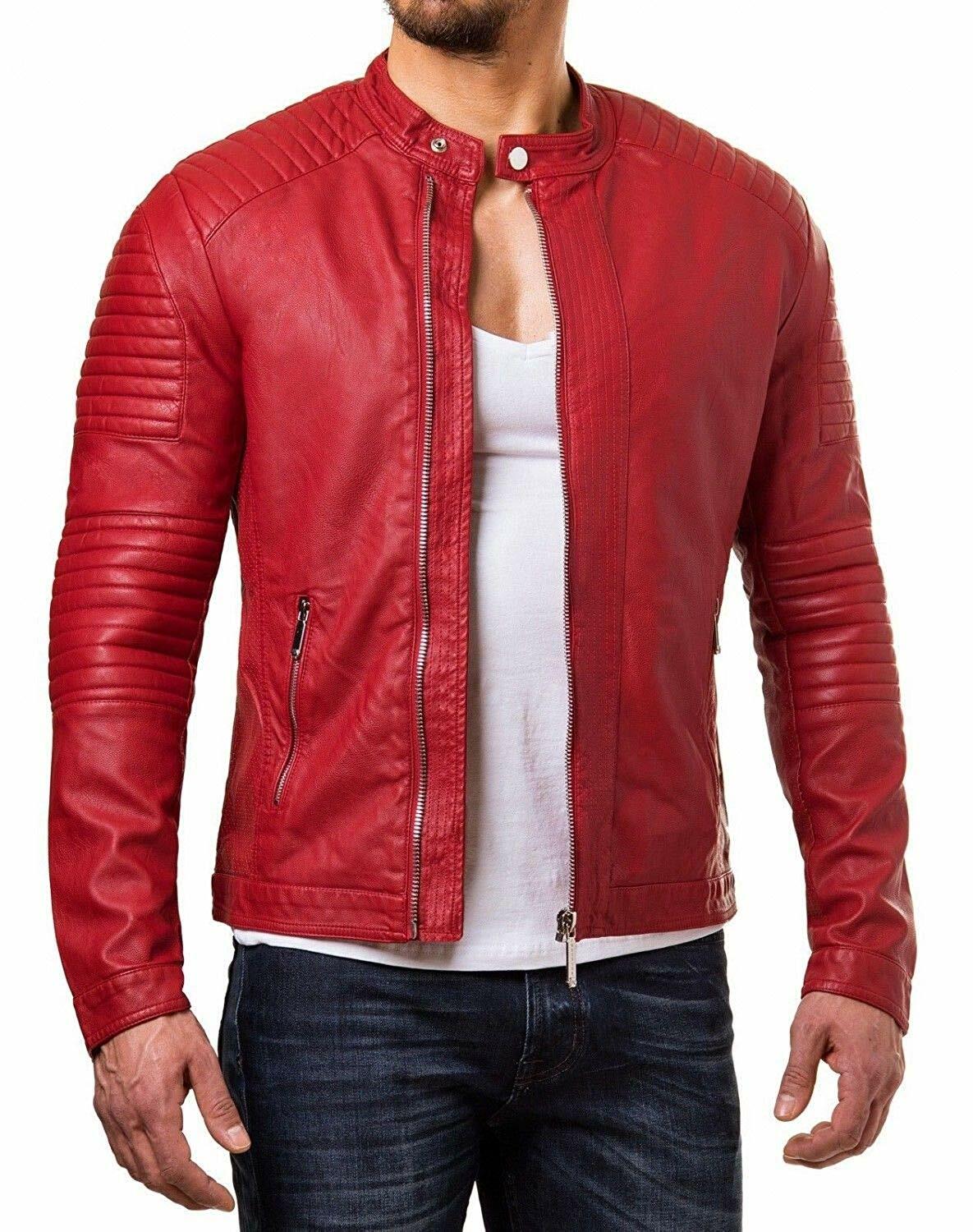 Jacket Leather Biker Motorcycle Mens Coat Vintage Bomber Lambskin Slim Red 64-image
