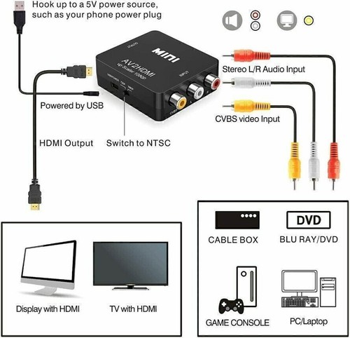 RCA to HDMI Converter Composite AV CVBS Video Adapter 720 1080p For Wii NES SNES - Afbeelding 5 van 10