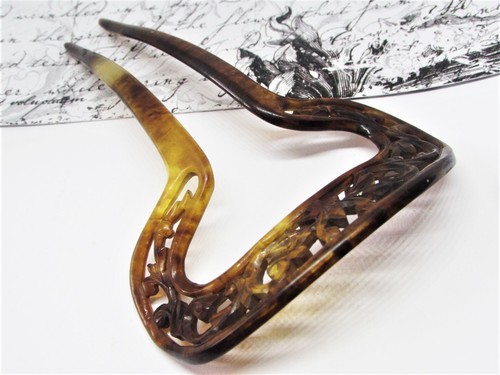 Antique Edwardian Brown Faux Tortoiseshell Celluloid Hair Comb- Hand Carved Vine - Picture 3 of 7