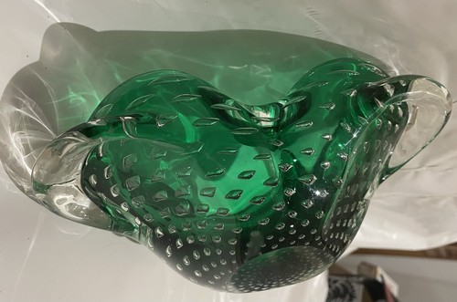 Vintage MURANO Italy hand-blown clear & green Glass Bowl Bullicante Design - Picture 4 of 5