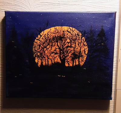 Acrylic Painting Moon Night Eyes Forest Trees Spooky Halloween Orange Black OOAK