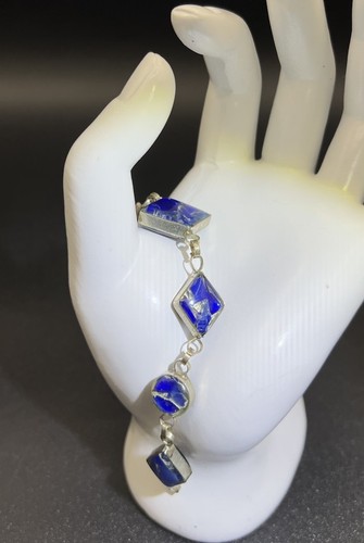 "Brazalete vintage azul, vidrio fundido transparente tono plata, 7,5""" - Imagen 2 de 7