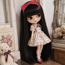 Blythe Doll Wig Black Extra Long Straight Hair w/ Bangs Red Headband