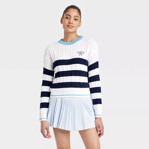 Women's Striped Cable Knit Pullover Sweater - All In Motion White XXL