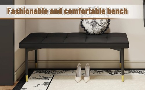 Multifunctional 47*16 Inch Black Faux PU Shoe Bench Sturdy Metal Legs Gold - Picture 2 of 7