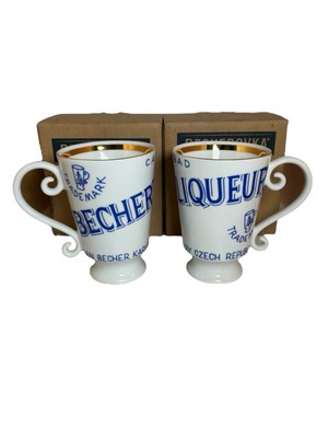 Carlsbrad Bechers  Liqueur Porcelain Cup x2 Blue Czech Republic Boxed 0.2 L New