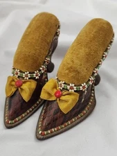 Antique Victorian High Heel Pin Cushion Set Beaded Leather Sewing Folk Art