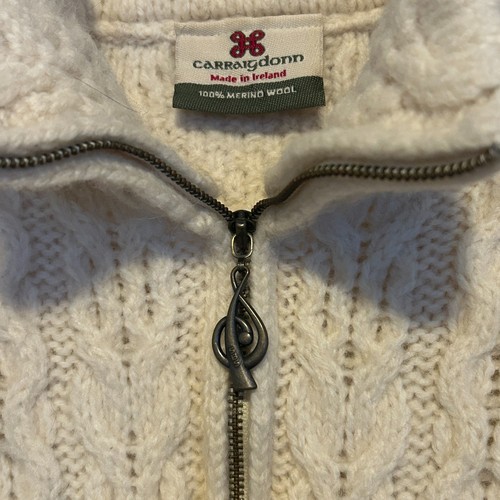 Carraigdonn Irish Aran Cable Knit Fisherman Merino Wool Full Zip Ecro Music Sz M - Picture 4 of 9