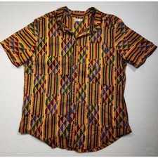 African Print Shirt Geometric Bold Kente Style Handmade Ghana Button Up Large