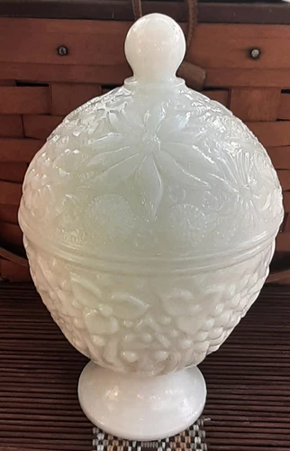 Vtg Avon Milk Glass Egg Shaped Lidded Jar Compote Jewelry Candy Dish Floral