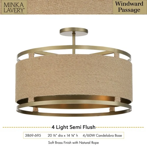 Minka Lavery 3869 Windward Passage 4 Light 21"W Semi-Flush Drum - Soft Brass / - Picture 8 of 9