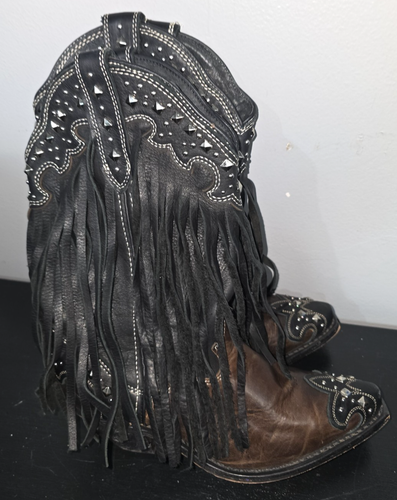 Rockin Country Leather Cowgirl Boots Women's Size 7 Fringe & Metal Stud Design - Picture 11 of 16