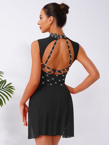 Women Lyrical Ballet Dance Costume Leotard Sleeveless Mesh Skirt Ruched Bodysuit - Picture 62 of 148