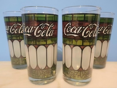 NEW Lot Of 4 VTG Coca Cola Drinking Glasses Frosted & Stained Glass Green Red 