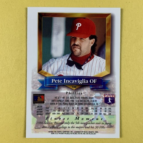 1994 Topps Finest Baseball Pete Incaviglia card #140 Philadelphia Phillies - Picture 2 of 2