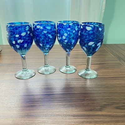 Unbranded Confetti Wine Goblets Set 4 Blue White Hand Blown Mexican Glass