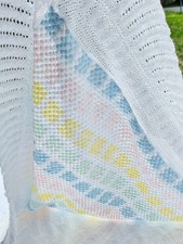 Vintage Woven Acrylic Baby Blanket White Pastel Squares Pink Blue Green Yellow