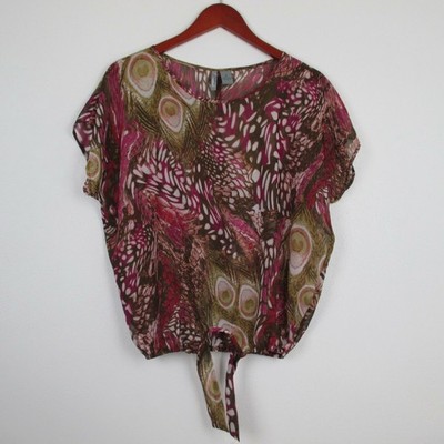 New Directions Weekend Women's Blouse Pink Peacock Feathers Size Small
