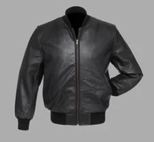 Black Real All Leather Zipper Baseball Bomber Jacket Varsity Letterman College