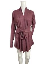 Marika Maya  Wrap Cardigan Women L Pink Black Hacci Knit Long Sleeve Tie Belted