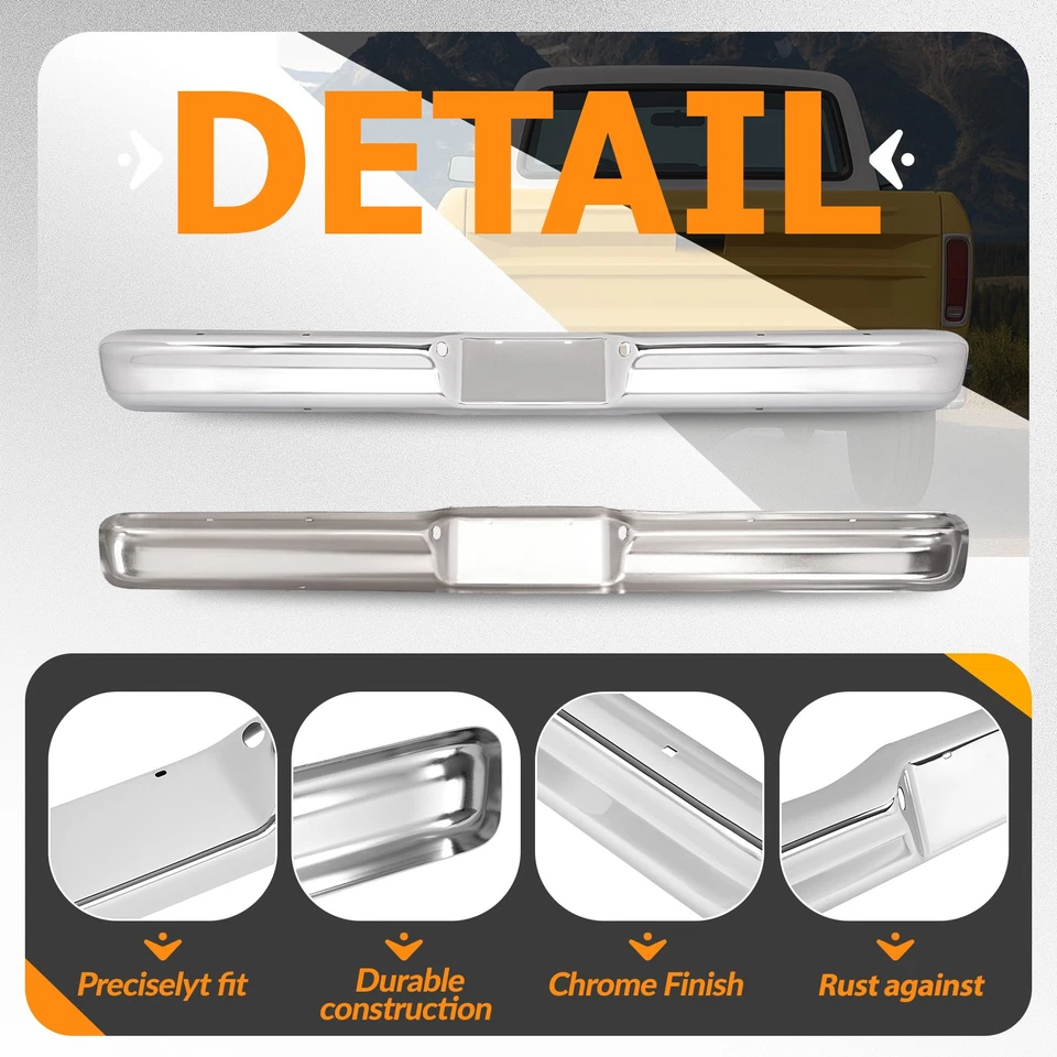 Chrome Rear Bumper Face Bar For Ford F100 F150 F250 Styleside Bed Bronco 1973-79 - Imagem 4 de 4
