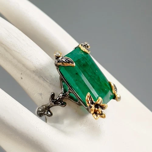 Anillo de berilo verde natural de 32 quilates con piedras preciosas de plata de ley 925 tamaño 8,5/R430251 Foto 3 de 4