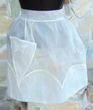 ANTIQUE HALF APRON WITH POCKET  HANDMADE SHEER WHITE  EMBROIDERY  1950's