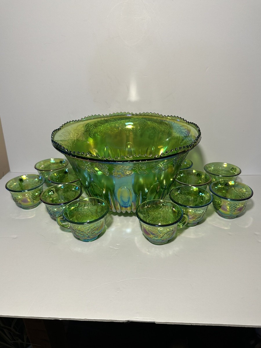 Vintage Indiana Carnival Glass Iridescent Green Punch Bowl Set