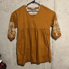 Madewell Linen Blend Embroidered Sleeve Dress Oversized Golden Sun Orange Fall M