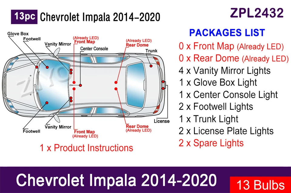 Kit de actualización de luz interior LED de 13 piezas para Chevy Impala 2014-2020 Foto 2 de 4