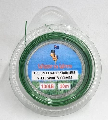 10lb-40lb-100lb x 10m Green Nylon Coated Stainless Steel Trace Wire & Crimps