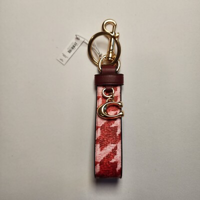 NWT Coach CK069 Loop Bag Charm Key Chain FOB Houndstooth Print Pink Red