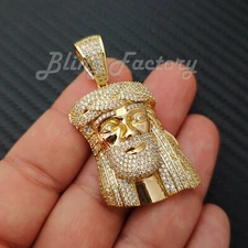 HIP HOP ICED 14K GOLD PLATED BLING BRASS MICRO PAVE JESUS HEAD PENDANT BCS1021G