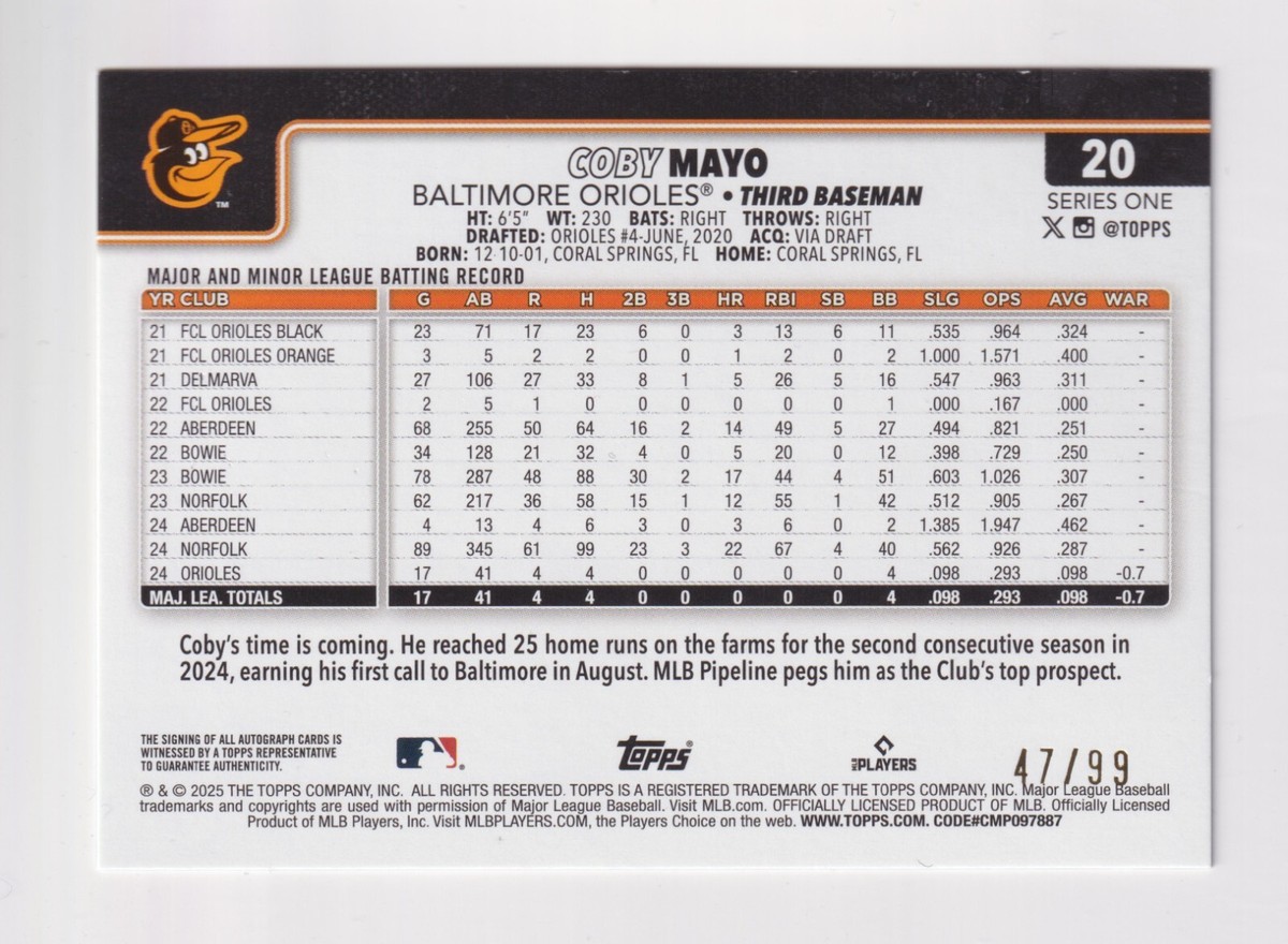 2025 Topps REAL ONE GREEN AUTOGRAPH #20 COBY MAYO RC Rookie 47/99 