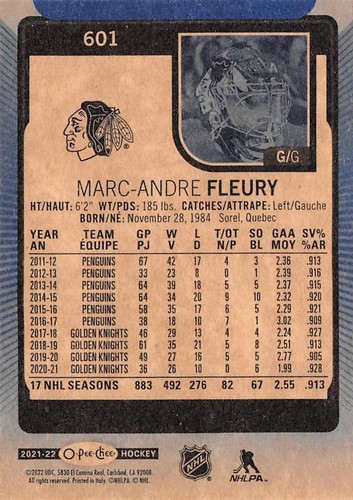 2021-22 O-Pee-Chee Blue #601 Marc-Andre Fleury - Picture 2 of 2