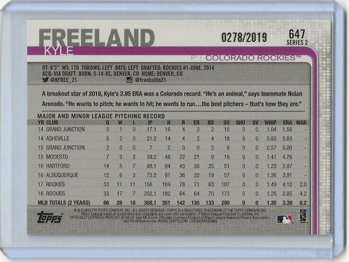 KYLE FREELAND 2019 Topps Series 2 Gold Parallel Colorado ROCKIES (#647) 278/2019 - Picture 2 of 2