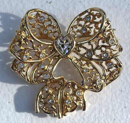 Vintage Bow Brooch Gold-Tone & Rhinestones Costume Fashion Jewelry Pin 2"x2" SI