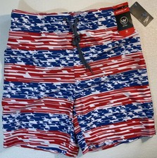 NEW SPEEDO Blue Red Flag Swim Trunks Shorts Size Large Mesh Elastic Waist Pants