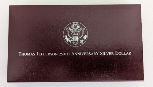 1993 S Thomas Jefferson 250th PROOF Silver Dollar Commemorative $1 Coin Box
