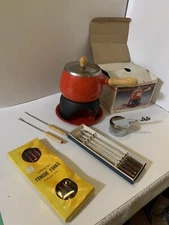 Cast Iron Red Fondue Pot Set Wood Handle, Stand, Fire Pit & New Stainless Forks