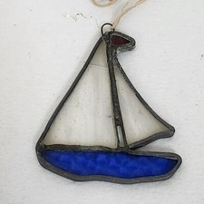 Vintage Stained Glass Boat Ship Sailing Suncatcher Blue White Red NAUTICAL BOATS