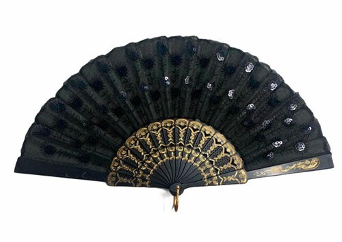 2 Pcs. Ladies Pink & Black Lace Peacock Pattern Sequin Fabric Hand Fan 13021 - Picture 4 of 7